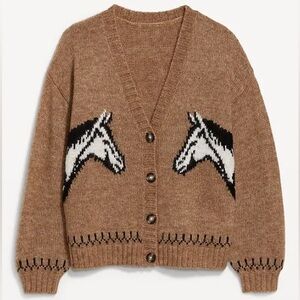 Old Navy Camel Button-Front Horse Intarsia Cardigan